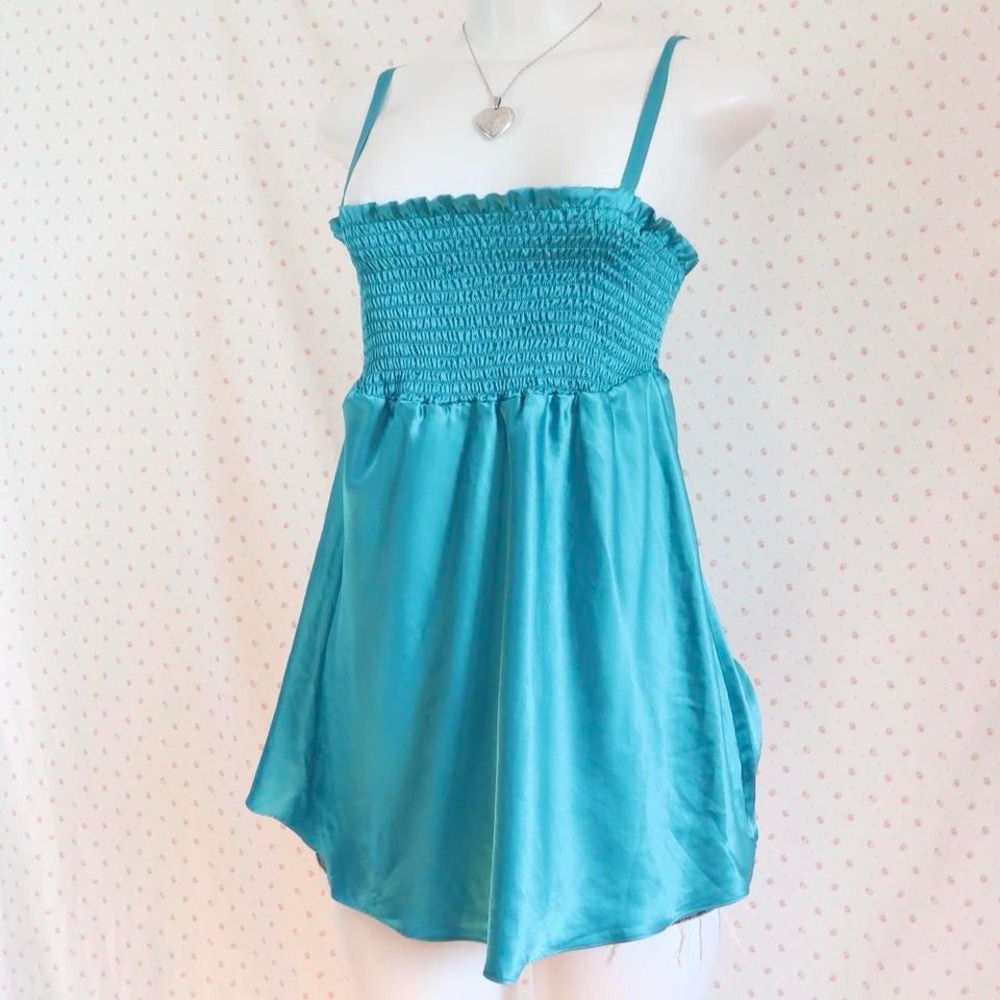 la senza teal satin babydoll cami smocked lace camisole medium y2k